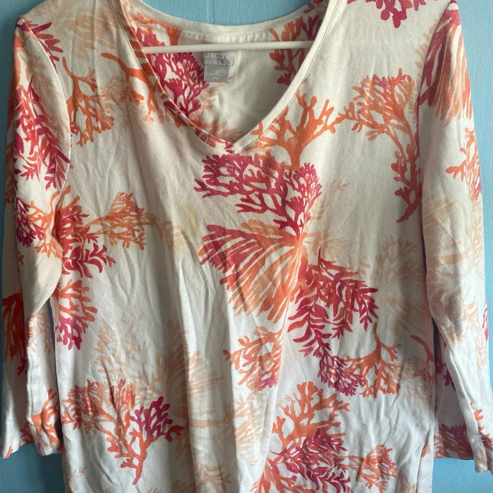Chico's White Tee with Pink & Orange Coral Print